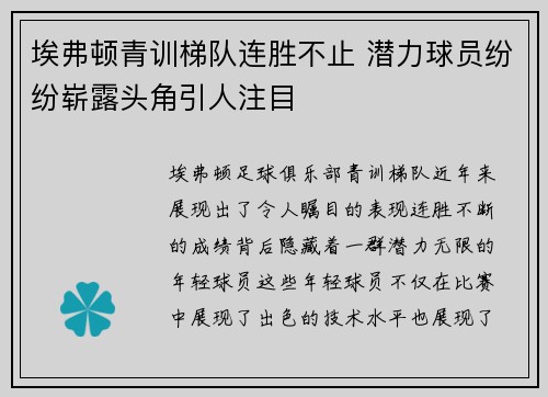 埃弗顿青训梯队连胜不止 潜力球员纷纷崭露头角引人注目